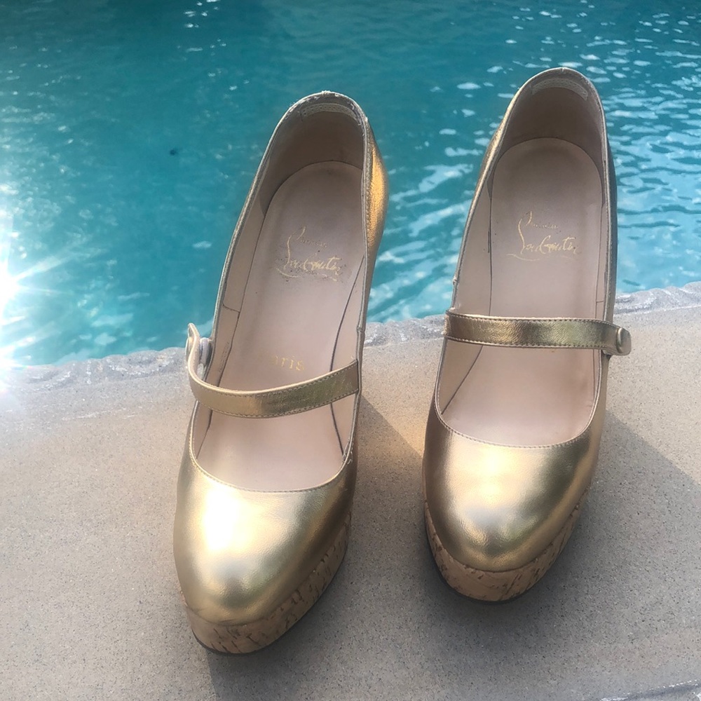 Christian Louboutin gold and cork Mary Jane wedges